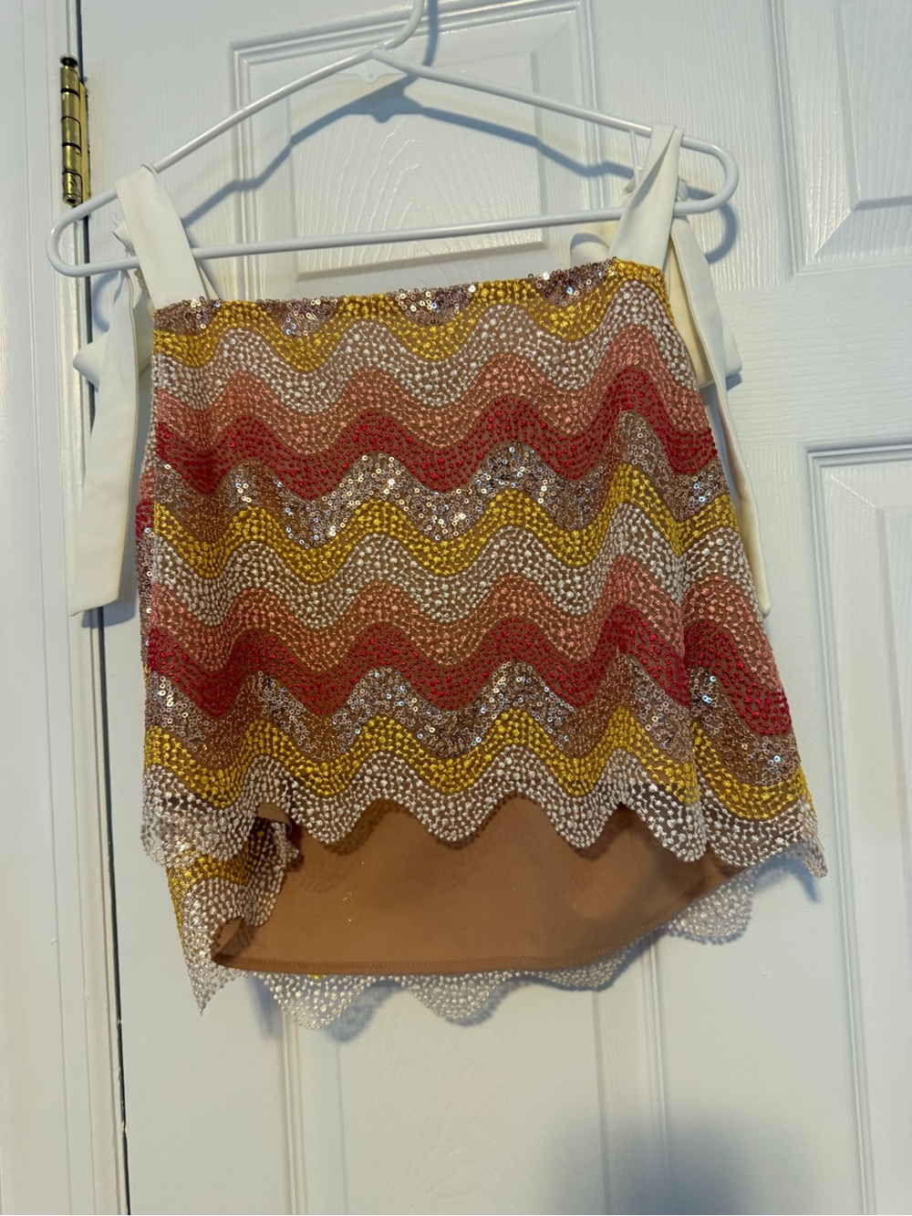 NBD Sequin Wave Crop Top in Red, Yellow, Cream, and Tan